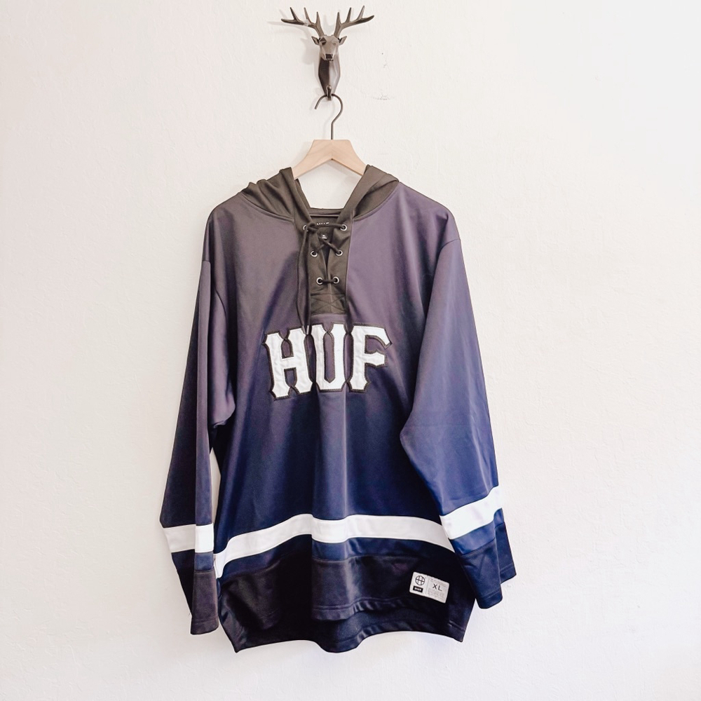 HUF Men’s Navy Black Hockey Jersey Hooded Sweater Size XL
